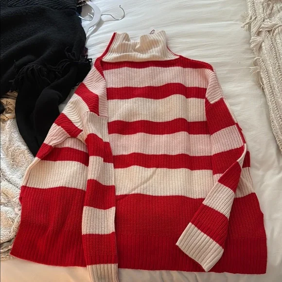 Solid and Striped Red and Pink Cowl Neck Sweater - Picture 4 of 4